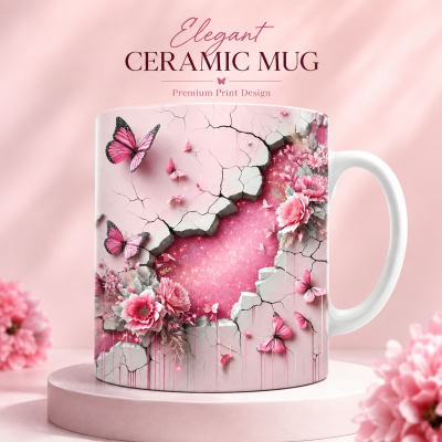 Pink Butterfly & Floral Ceramic Mug – Premium Wraparound Design Coffee Mug, Microwave & Dishwasher Safe